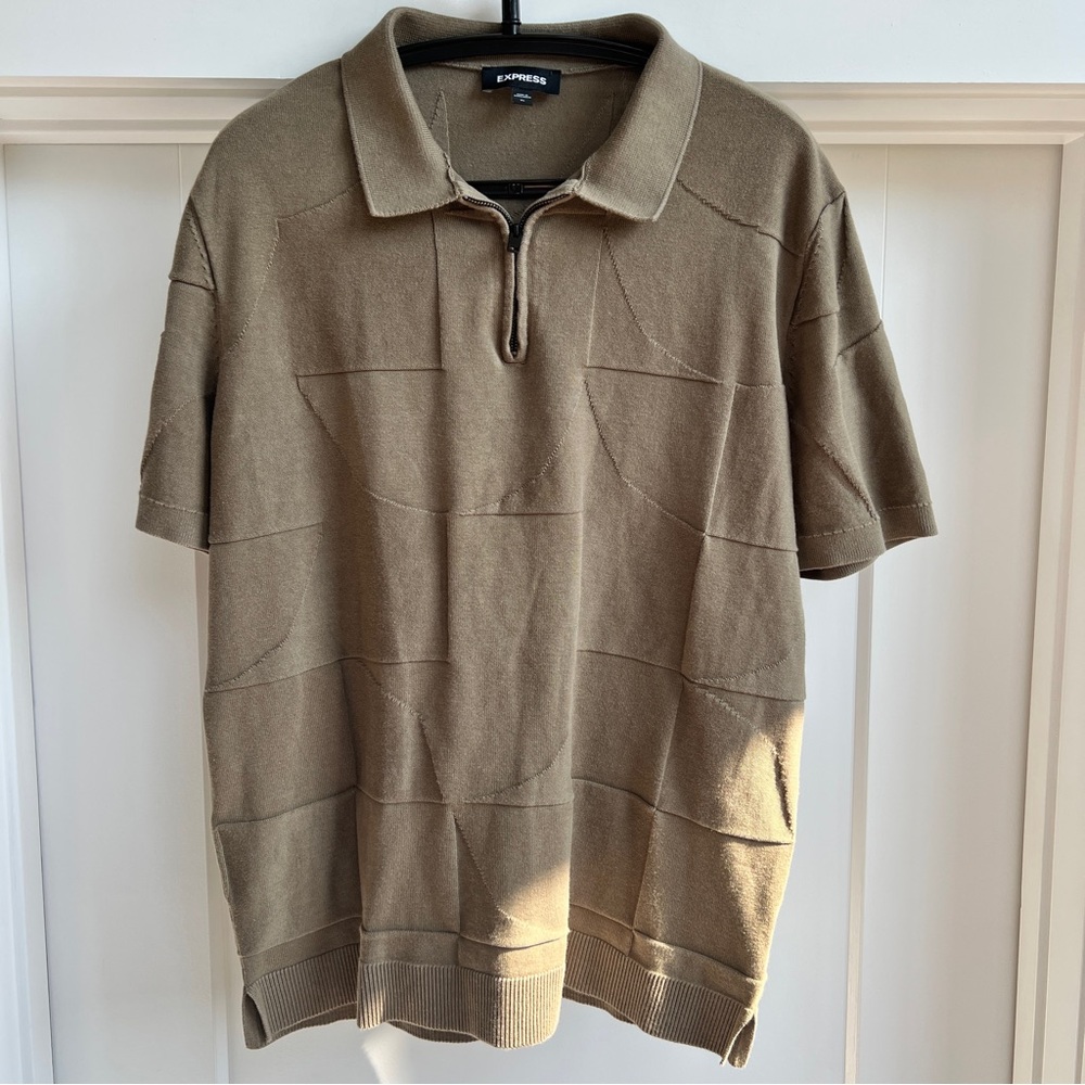 Express Pattern Zip-Up Sweater Polo (Olive Brown, XL)